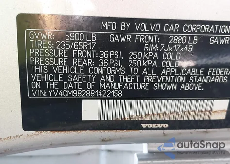 2008 Volvo Xc90 3.2 z USA, uszkodzony, nr VIN YV4CM982881422158